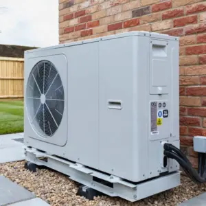 Air source heat pump installed outside a residential property in Glasgow, Scotland